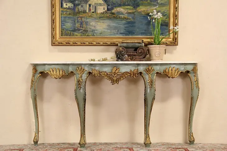 Venetian Marble Top Painted & Gold 1920 Hall Console Table