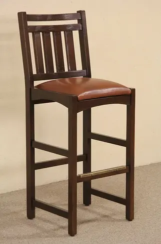 Mission Oak Arts & Crafts Style Vintage Barstool, Leather Seat