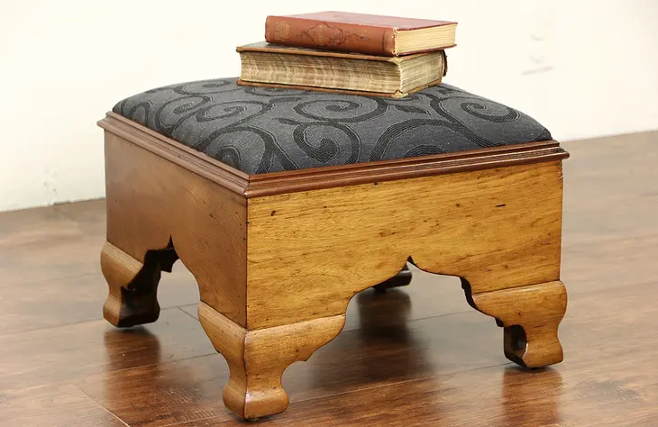 Empire 1830's Antique Butternut Footstool, New Upholstery