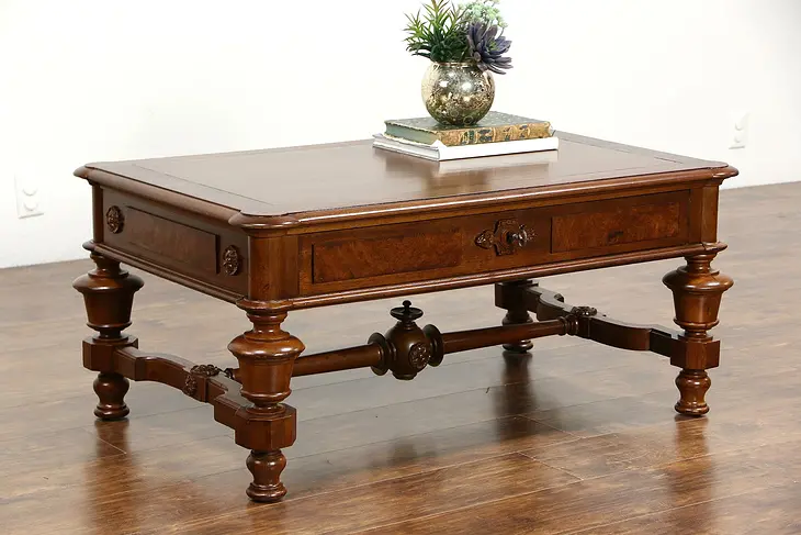Coffee Table from Shortened 1870 Antique Victorian Library Table, Leather Top
