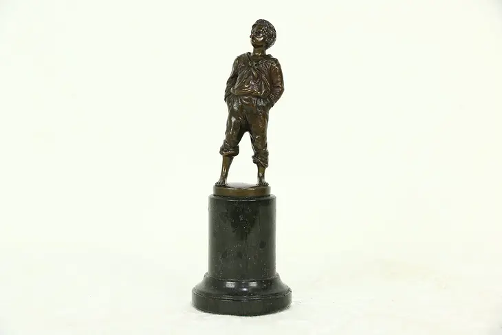Bronze Antique Sculpture of a Boy with a Whistle, Marble Base