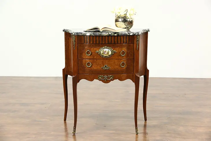 French 1940's Vintage Small Chest, End Table or Nightstand, Marble Top