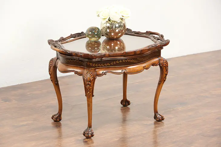Carved Fruitwood 1930's Vintage Coffee Table, Glass Tray Top