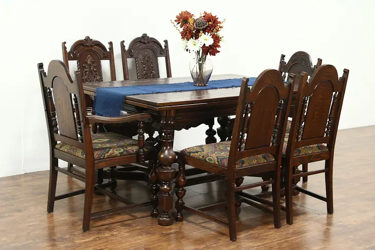 Oak Carved English Tudor 1925 Dining Set, Table & 6 Chairs