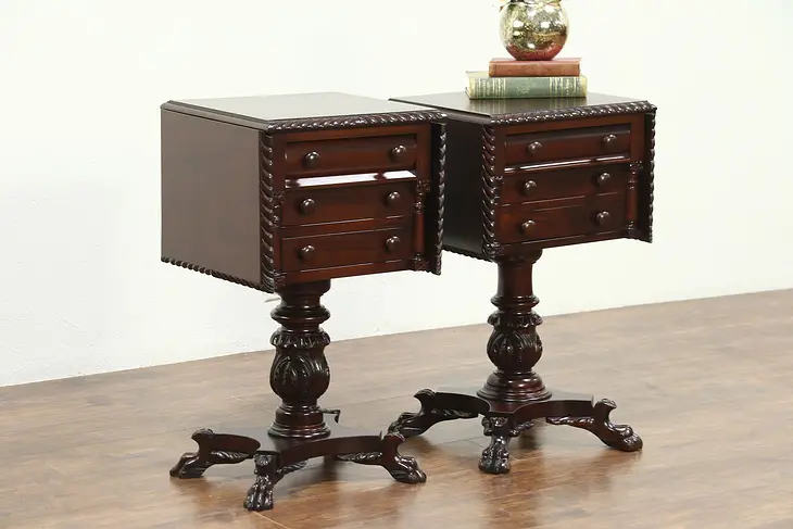 Empire Antique Pair Mahogany Nightstands or End Tables, Acanthus Carved  #28704
