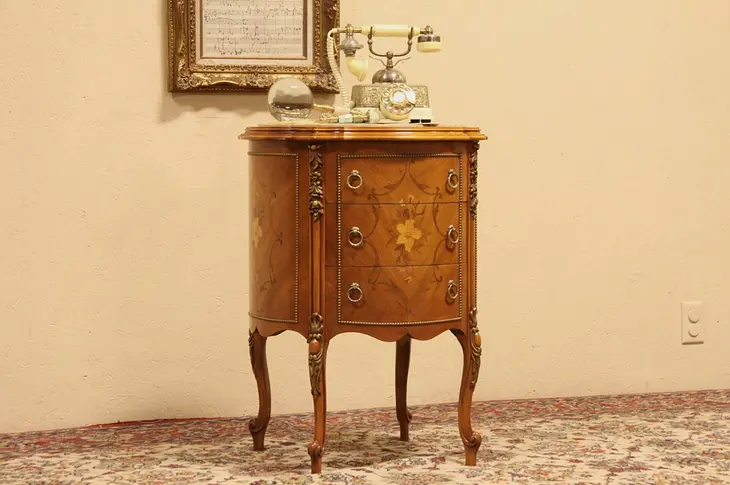 Round Marble Top 1935 Marquetry Chest or End Table