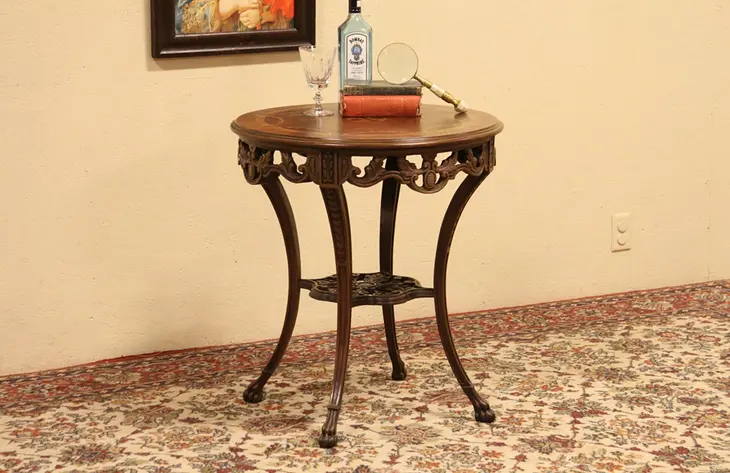 Carved 1940 Vintage Lamp, End or Center Table, Inlaid Marquetry