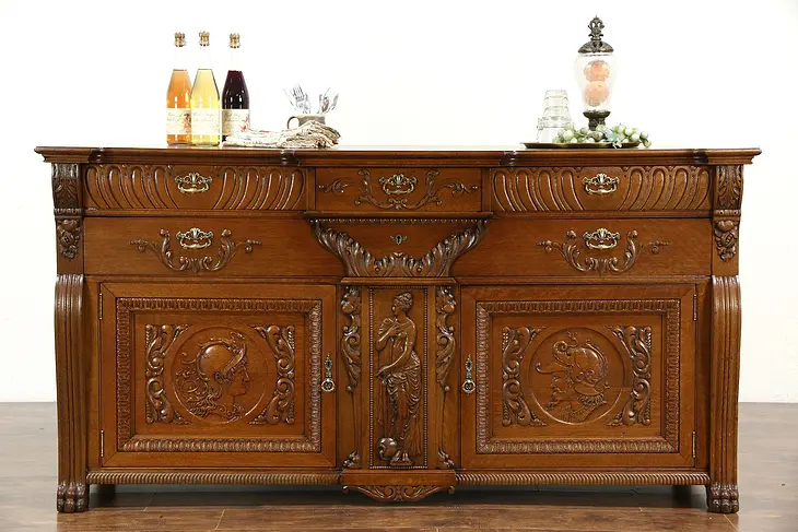 Oak 1890 Antique Back Bar, Sideboard, Server or Buffet, Carved Classical Figures