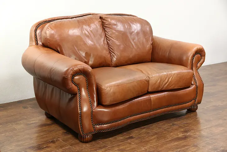Leather Loveseat, Brass Nailhead Trim, Signed Viewpoint Leather Works 2005