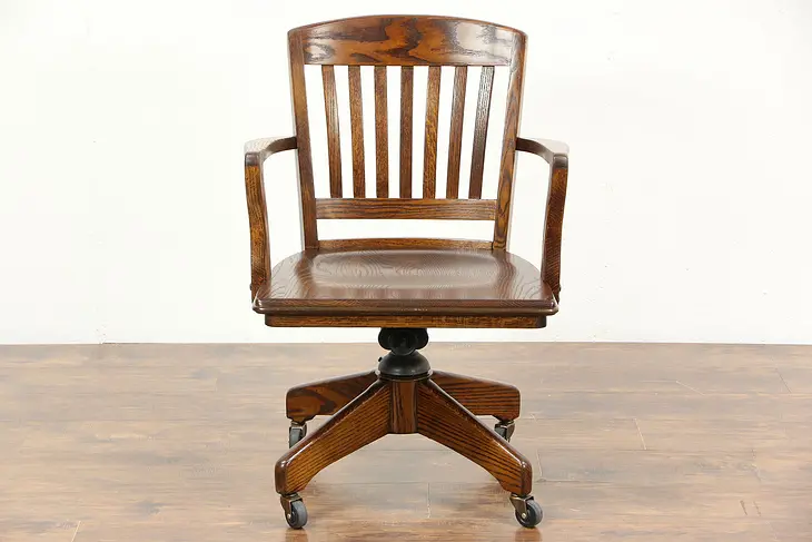 Oak 1940 Vintage Swivel Adjustable Desk Chair, Arms & Bumper