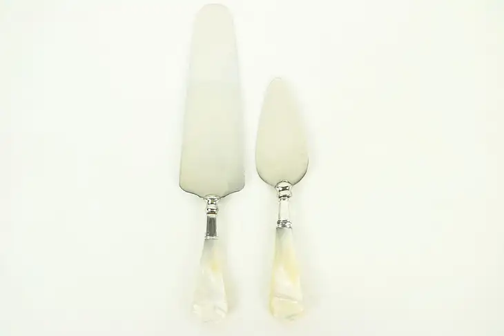 Pearl Handle Pair of Antique Pastry Servers, Sterling Silver Shanks #28923