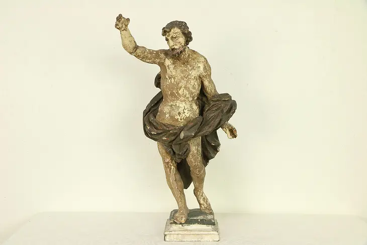 Statue of St. John, Antique 1600's Carved Wood Sculpture, Original Paint #30369