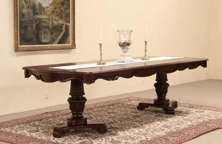 Carved Vintage Cherry & Burl Dining Table, 2 Leaves