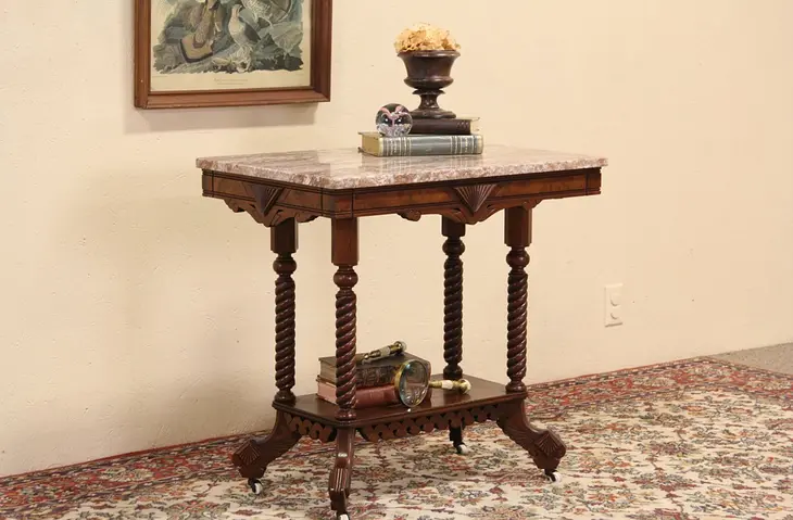 Victorian Eastlake Antique 1885 Marble Top Lamp Table
