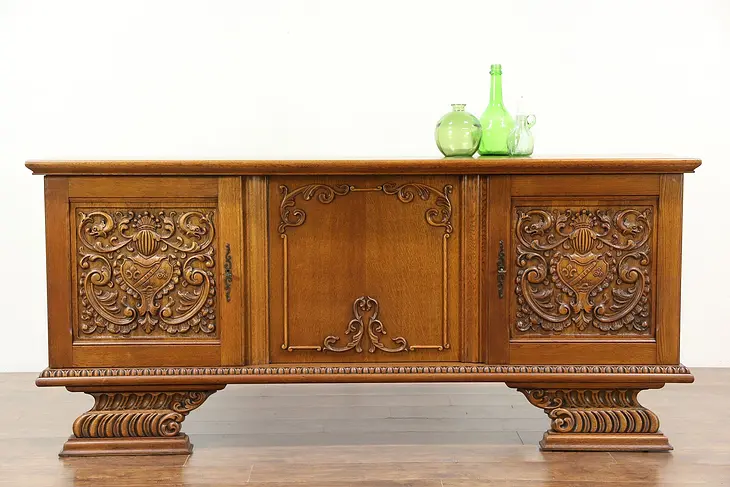 Oak Carved 1940's Vintage Sideboard or TV Console Cabinet, Coats of Arms
