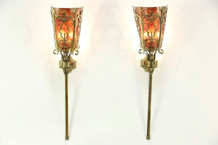 Pair of Vintage Brass Wall Sconces or Torcheres, Mica Shades