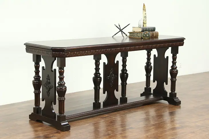 Renaissance Style Mahogany 1920's Antique Hall Console or Sofa Table, 6' Long