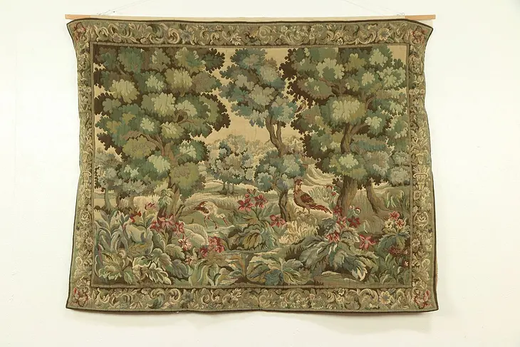 Renaissance Style 1900 Antique Tapestry, Forest & Birds Scene #28107