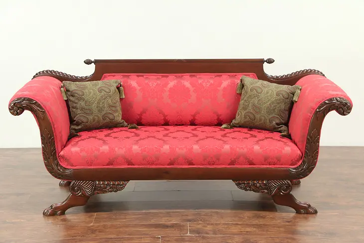 Empire Antique 1910 Sofa, New Upholstery, Carved Lion Paws, Cornucopia #29023