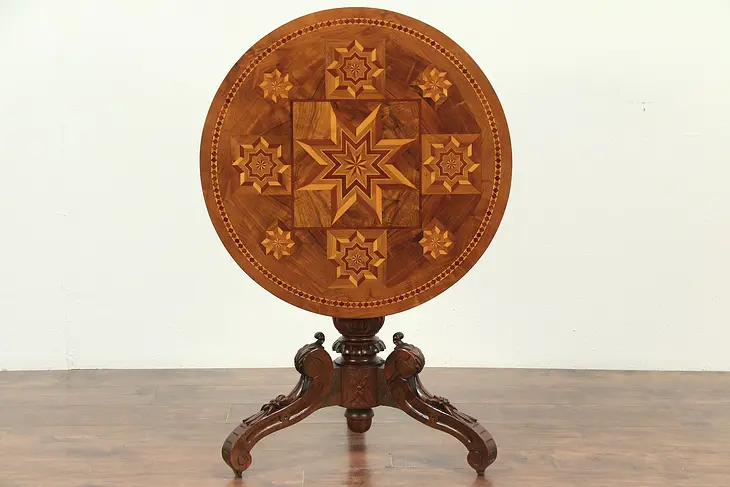Black Forest Antique Marquetry Tilt Top Game, Tea, Hall or Lamp Table #29161