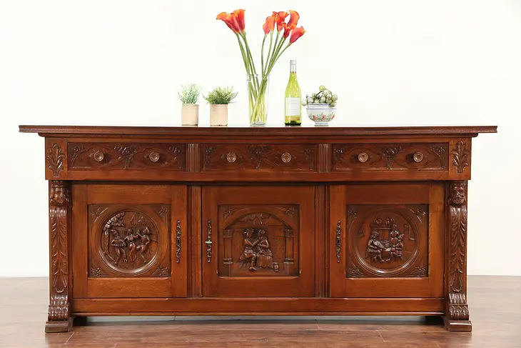 Oak Antique Sideboard, Credenza, TV Console Cabinet, Carved Scenes #29354