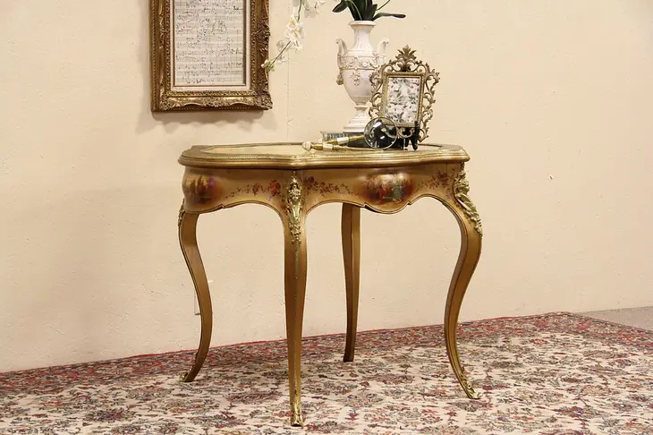 Vernis Martin French 1890 Antique Oval Onyx Top Salon Table
