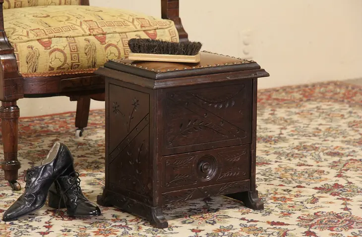 Eastlake Carved 1880 Antique Shoe Shine Stand, Leather Stool