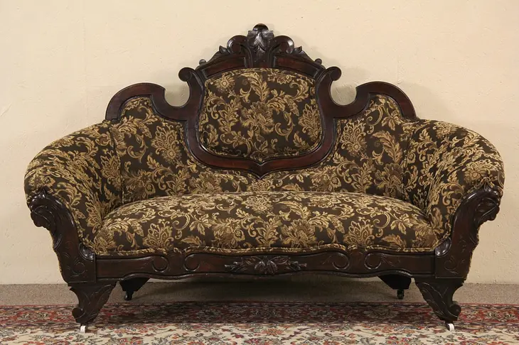 Victorian Carved Parrot & Walnut Settee, 1860's Loveseat, New Upholstery