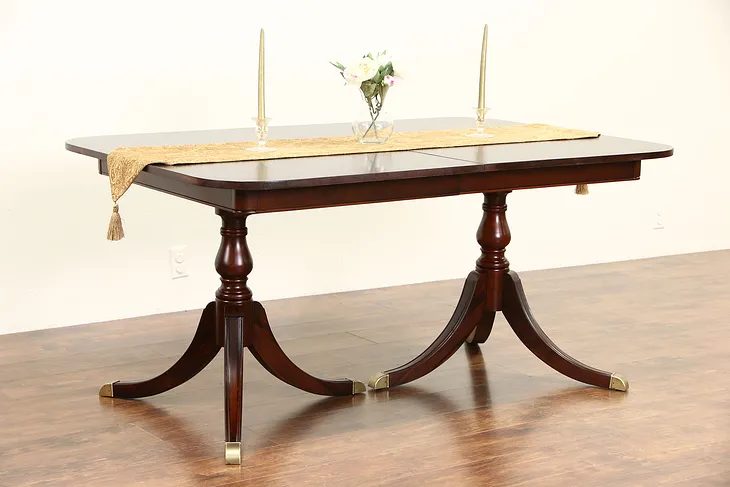 Drexel Travis Court Signed 1950's Vintage Double Pedestal Dining Table, 3 Leaves