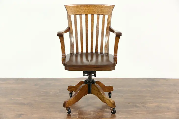 Oak 1900 Antique Swivel Adjustable Tilting Desk Chair with Arms, US & GB Pat.