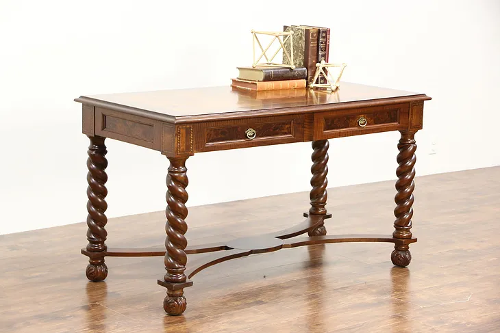 Library Table Antique Writing Desk, Spiral Legs, Inlaid Banding, Mandel Chicago