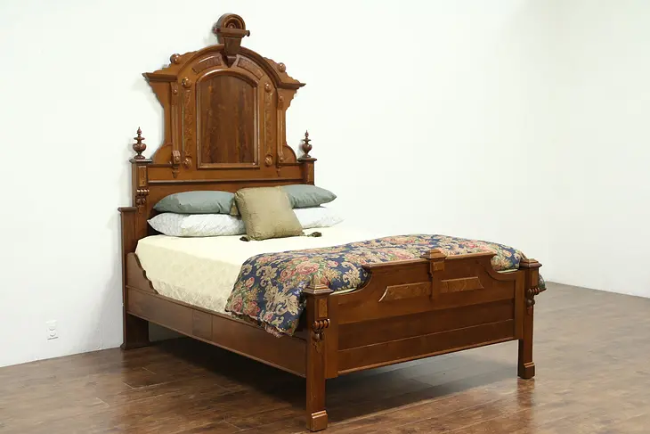 Victorian Renaissance Antique 1870 Carved Walnut & Burl Queen Size Bed