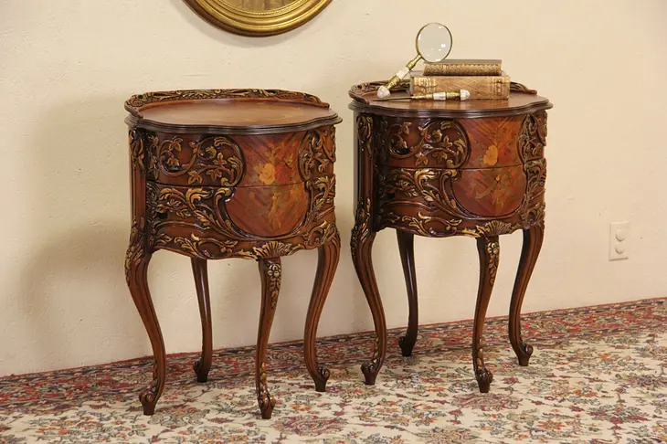 Pair of French Style Marquetry Vintage End or Bedside Tables, with Drawers