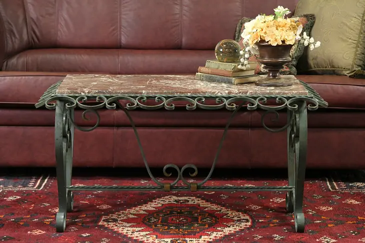 Marble & Wrought Iron Verde Gris Vintage Coffee or Cocktail Table