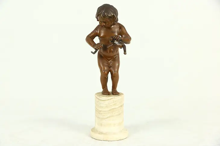 Bronze Antique 1910 Sculpture of Girl & Doll, Marble Base