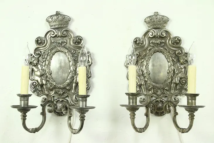 Pair 1920 Cherub Sconce Lights, Signed Sterling Bronze, NY, Polished Mirror