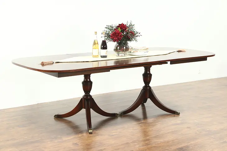 Traditional Vintage Mahogany Dining Table, 2 Pedestals, 3 Leaves, Landstrom