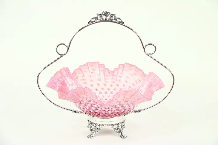 Victorian Antique Bride Basket, Signed Silverplate & Cranberry Glass #28886