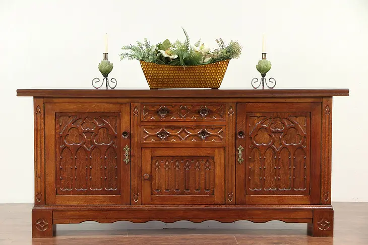 Oak Gothic Carved Antique Sideboard, Credenza or TV Console Cabinet #29376