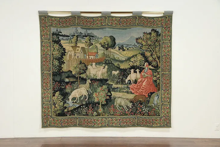 Medieval Design Vintage Woven Tapestry, Musician, Sheep, Castle Scene #29899