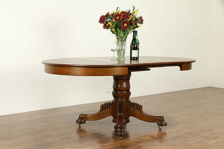 Round 42" Oak Antique Dining Table, 3 Leaves, Lion Paw Feet, Extends 6' #31723