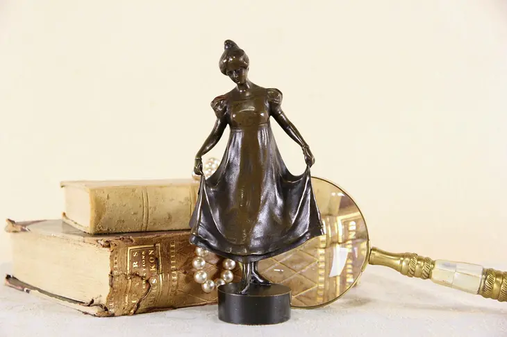 Bronze 1900 Antique Sculpture of Girl Holding Skirt signed Ruff