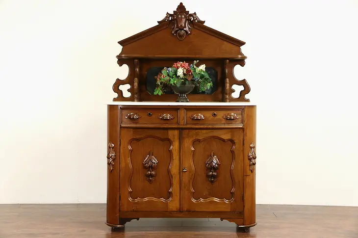 Victorian Carved Walnut 1870 Antique Marble Top Sideboard, Server Buffet