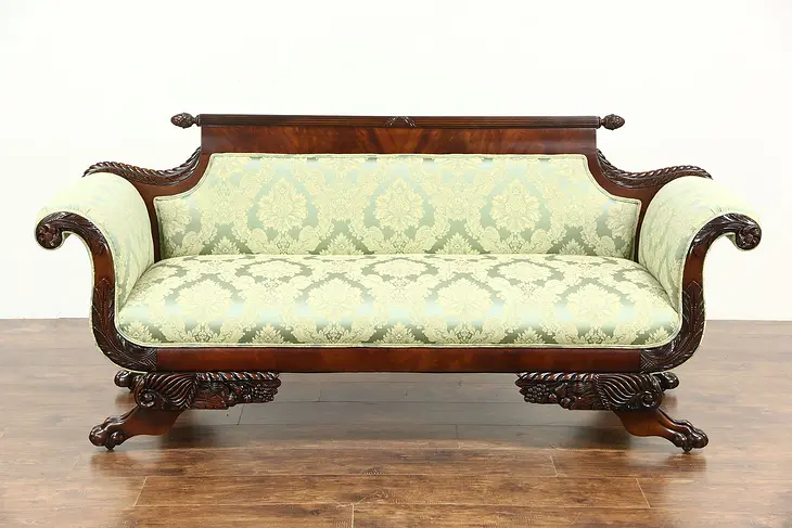 Empire 1900 Antique Mahogany Sofa, Carved Acanthus & Paw Feet, New Upholstery