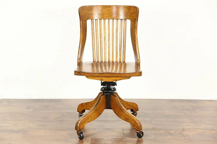 Oak 1910 Antique Swivel Adjustable Desk Chair, Signed Sheboygan, WI
