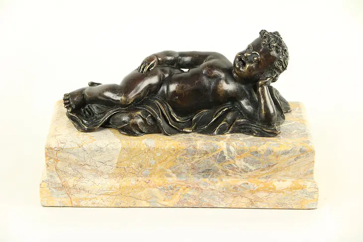 Bronze Sculpture of Reclining Cherub, Carved Marble Base #29497