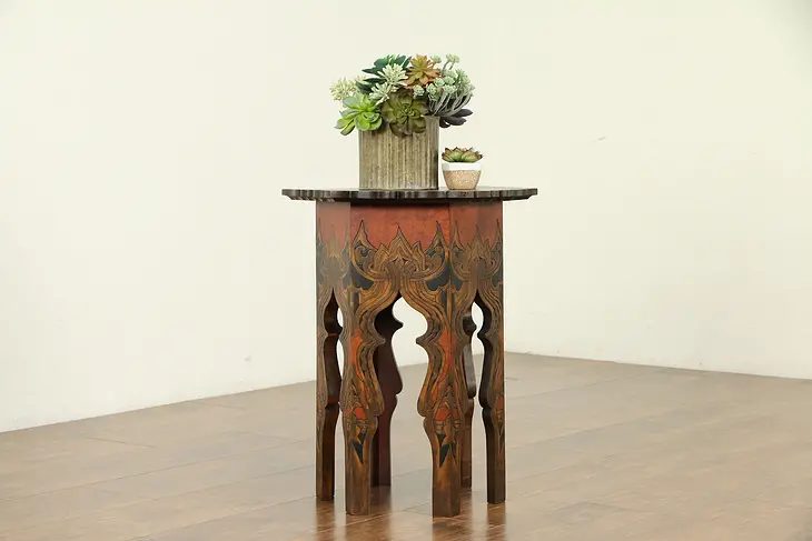 Burned Wood Design Antique Taboret or Chairside Table #30863
