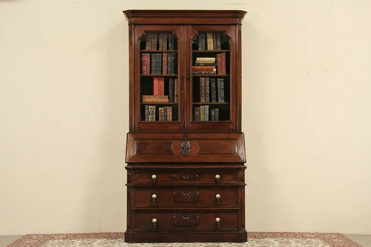 Victorian 1870 Antique Walnut Secretary Desk, Bookcase Top, Carved Grapes