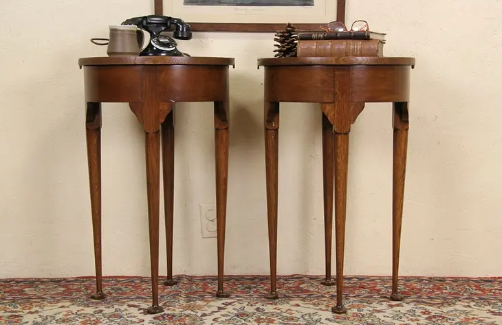 Pair 1940's Round Dropleaf Oak Chairside or End Tables, Secret Compartments