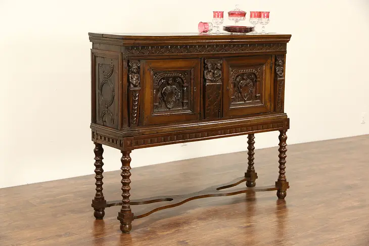 Dutch 1700's Antique Oak Sideboard or Console, Carved Figures, Later Base